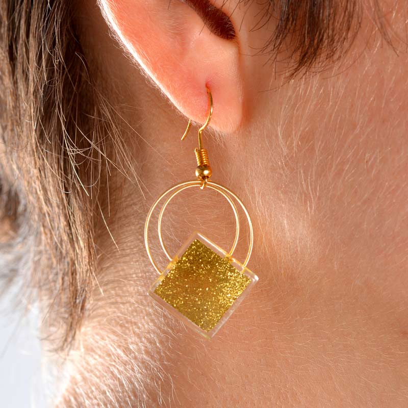 Square Hanging Earrings (Gold-in-Glass)