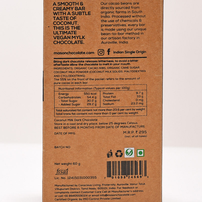 55% Coconut Milk Dark Vegan Chocolate Bar - (Set of 3)