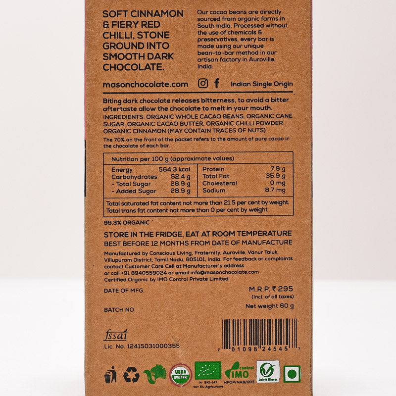 70% Chilli & Cinnamon Dark Vegan Chocolate Bar  - (Set of 3)