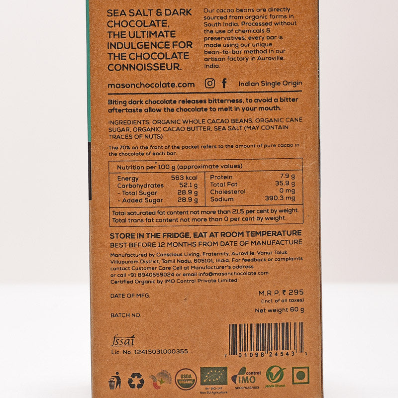 70% Sea Salt Dark Vegan Chocolate Bar - (Set of 3)