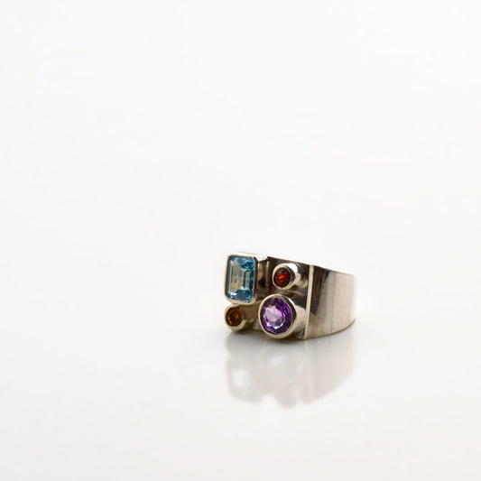 Amethyst-Blue Topaz-Garnet-Gold Topaz Ring