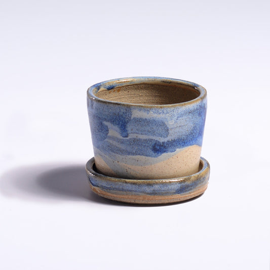 Planter with saucer - Blue & cream