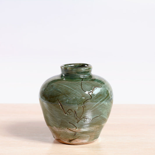 Bottle Vase - Green with Etching