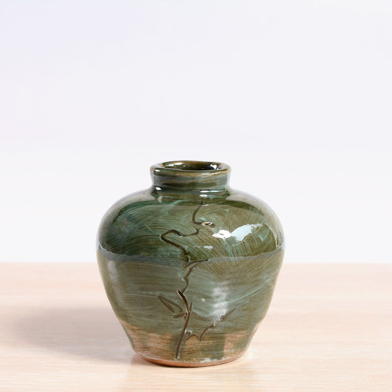 Bottle Vase - Green with Etching