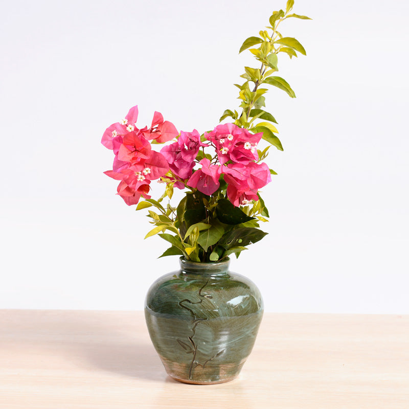 Bottle Vase - Green with Etching